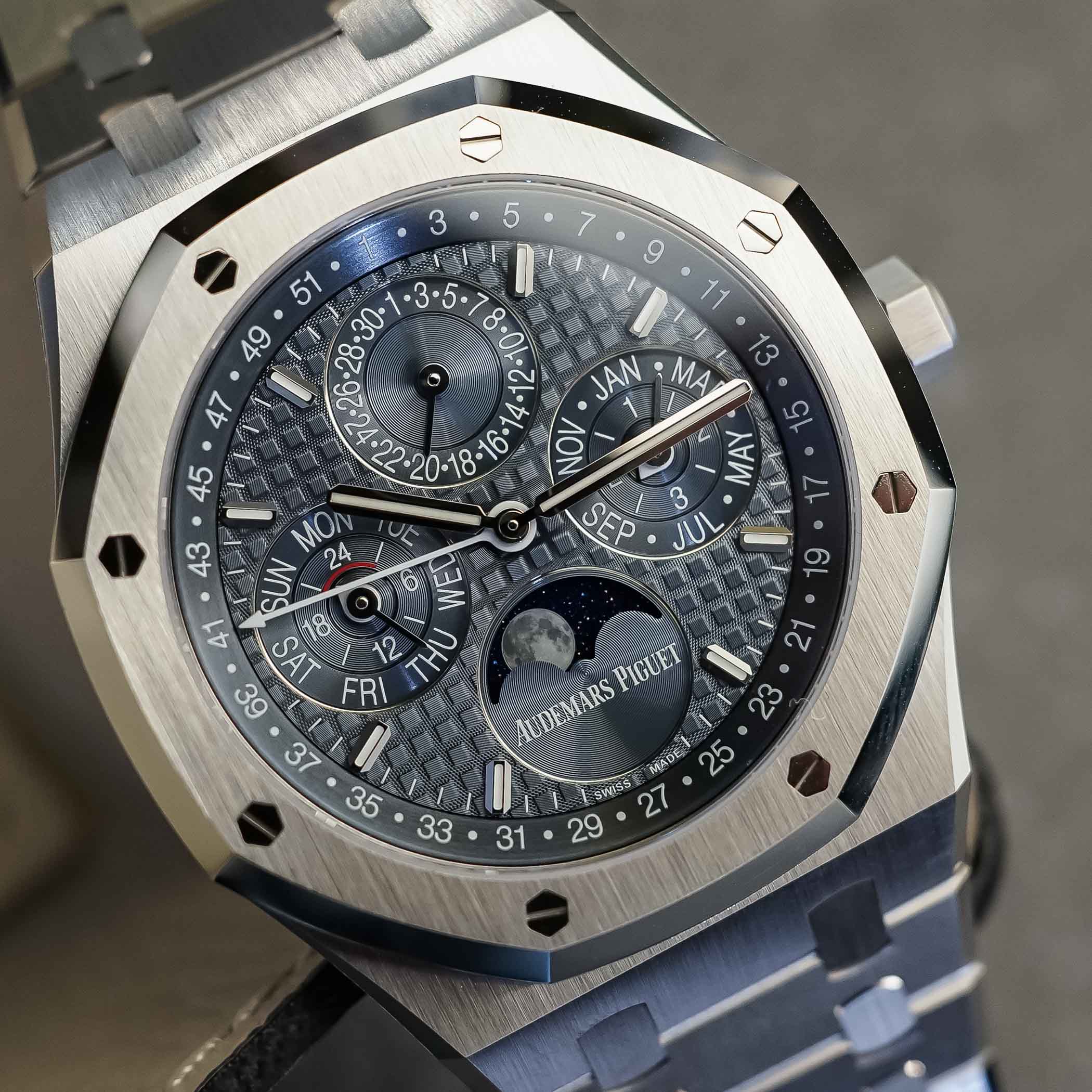Audemars Piguet Royal Oak Perpetual Calendar ref. 26674ST in steel with blue Grande Tapisserie dial and moon phase