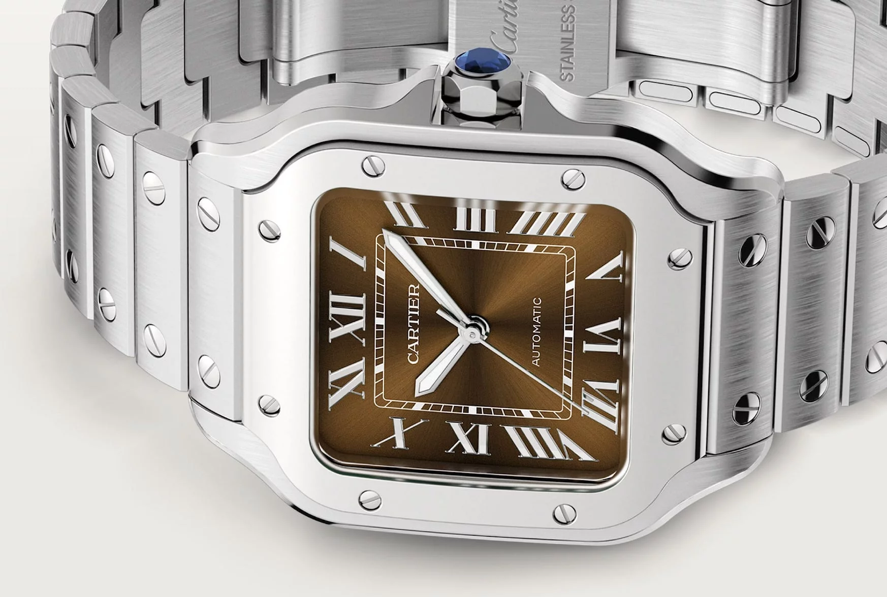Cartier Santos de Cartier Medium WSSA0065 in steel with brown sunburst dial and Roman numerals on steel bracelet
