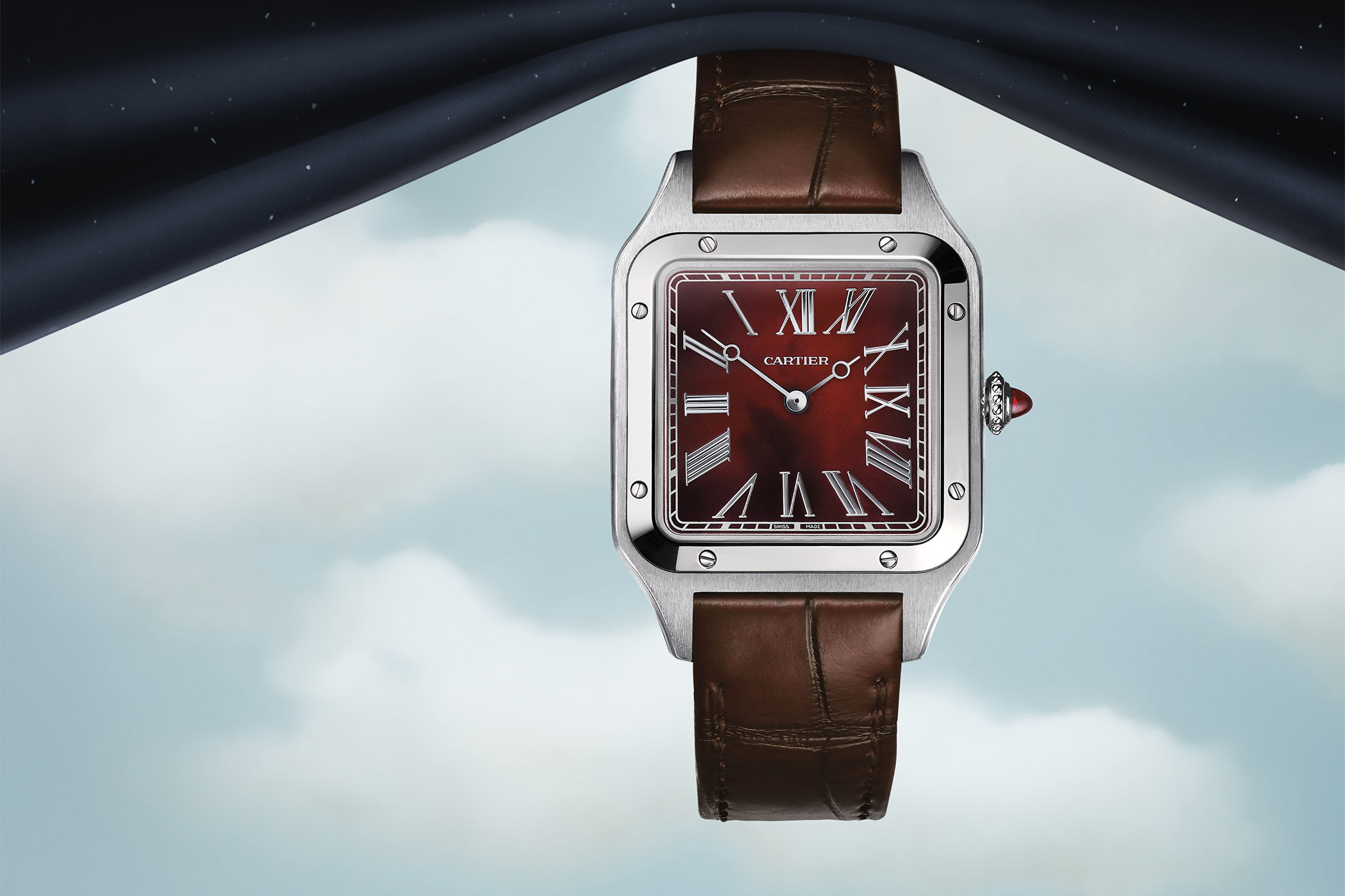 Cartier Santos-Dumont Rewind ref. WGSA0089 in platinum with carnelian dial and reversed Roman numerals on burgundy alligator strap