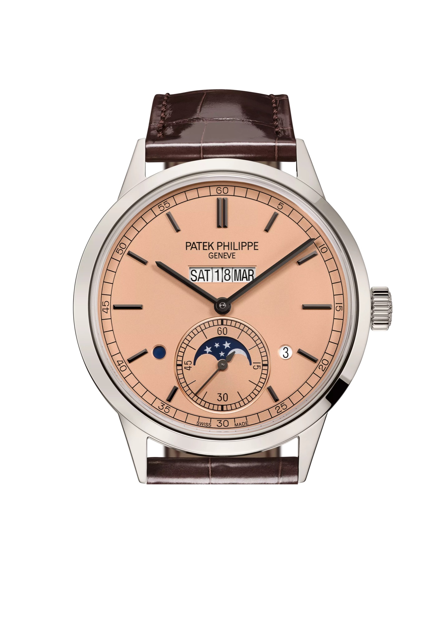 Patek Philippe 5236P-010 In-Line Perpetual Calendar in platinum with rose-gilt opaline dial and brown alligator strap