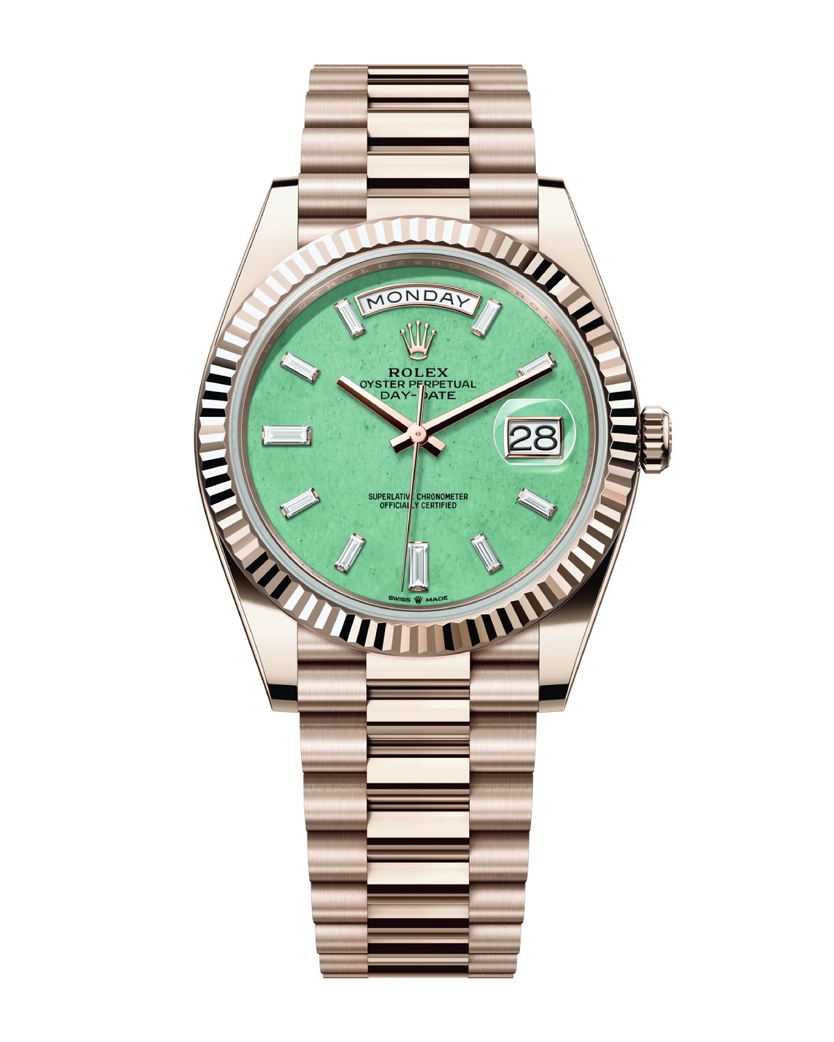 Rolex Day-Date 40 ref. 228235JG in Jubilee Gold with green aventurine dial, baguette diamond markers and President bracelet