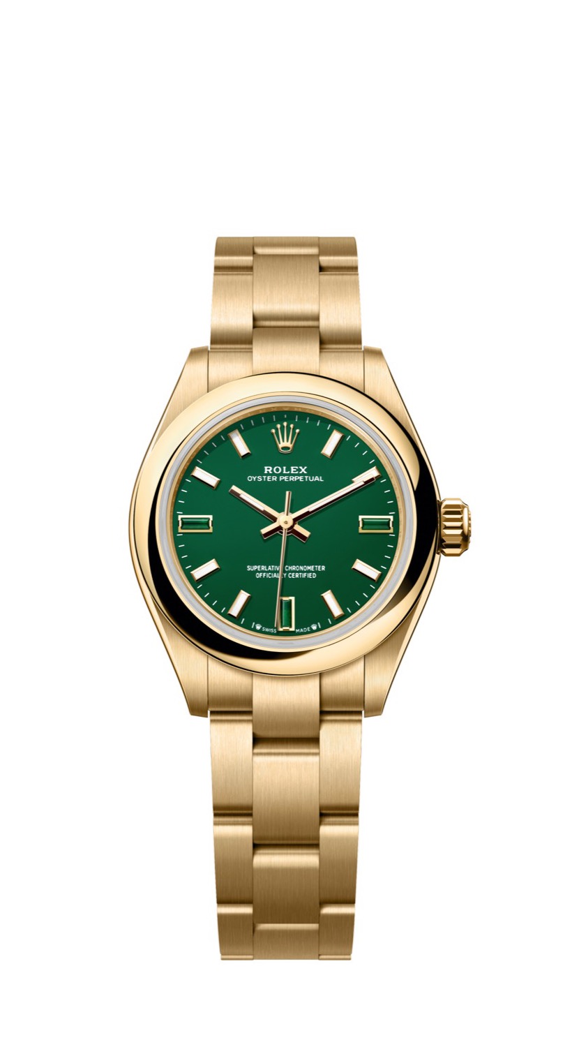 Rolex Oyster Perpetual 28 ref. 276208 in 18 kt yellow gold with green stone dial and heliotrope hour markers on Oyster bracelet